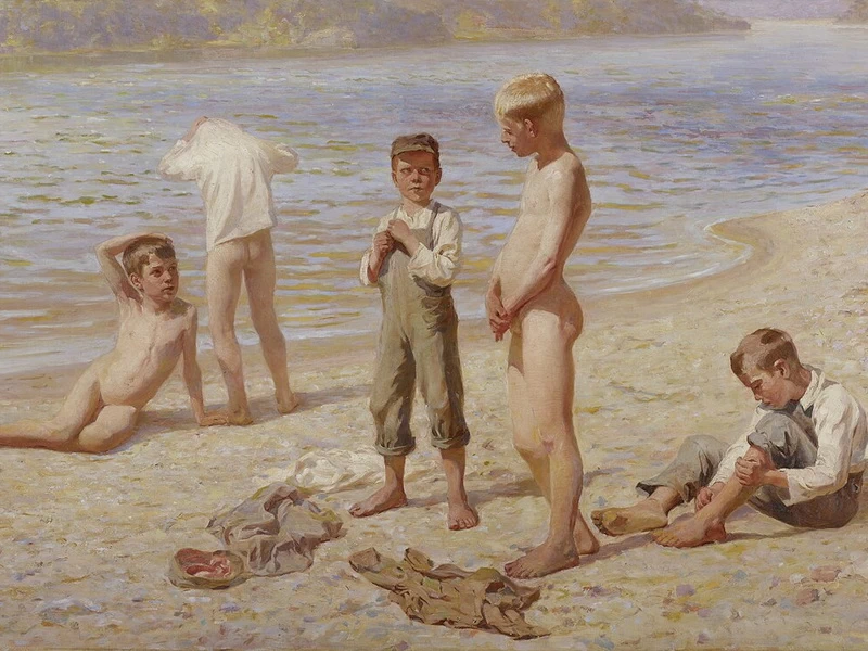 1865-Alexander Grinager - Scena di genere di ragazzi che fanno il bagno in spiaggia